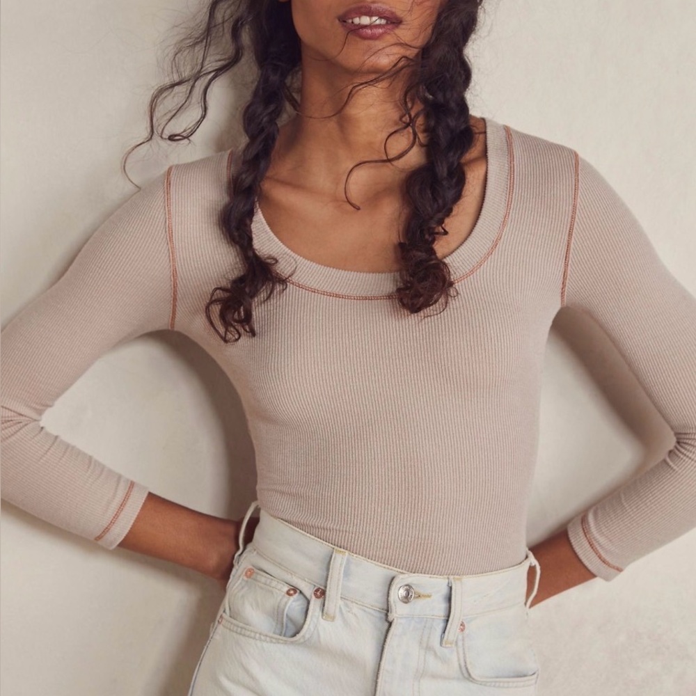 Free People Hi Hon Bodysuit 3/4 Sleeve Scoop Neck Tan Small Earthy Boho Neutral